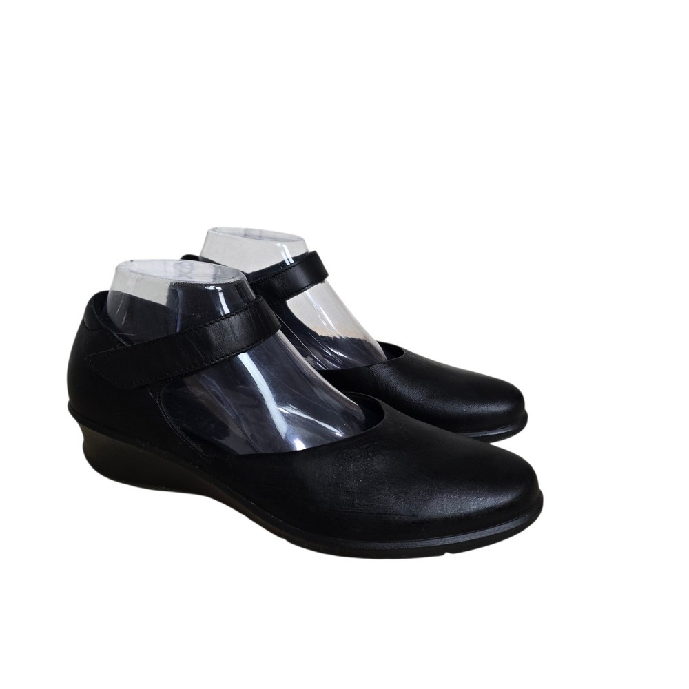 ECCO Black Leather Mary Jane Wedge Shoes EU 41 US 10-10.5 Hook Loop Strap